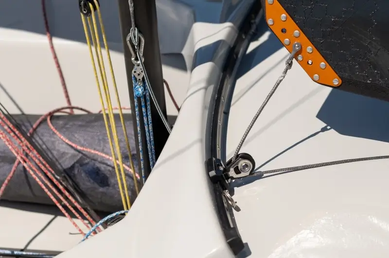 Close-up of sailing boat ropes and fittings